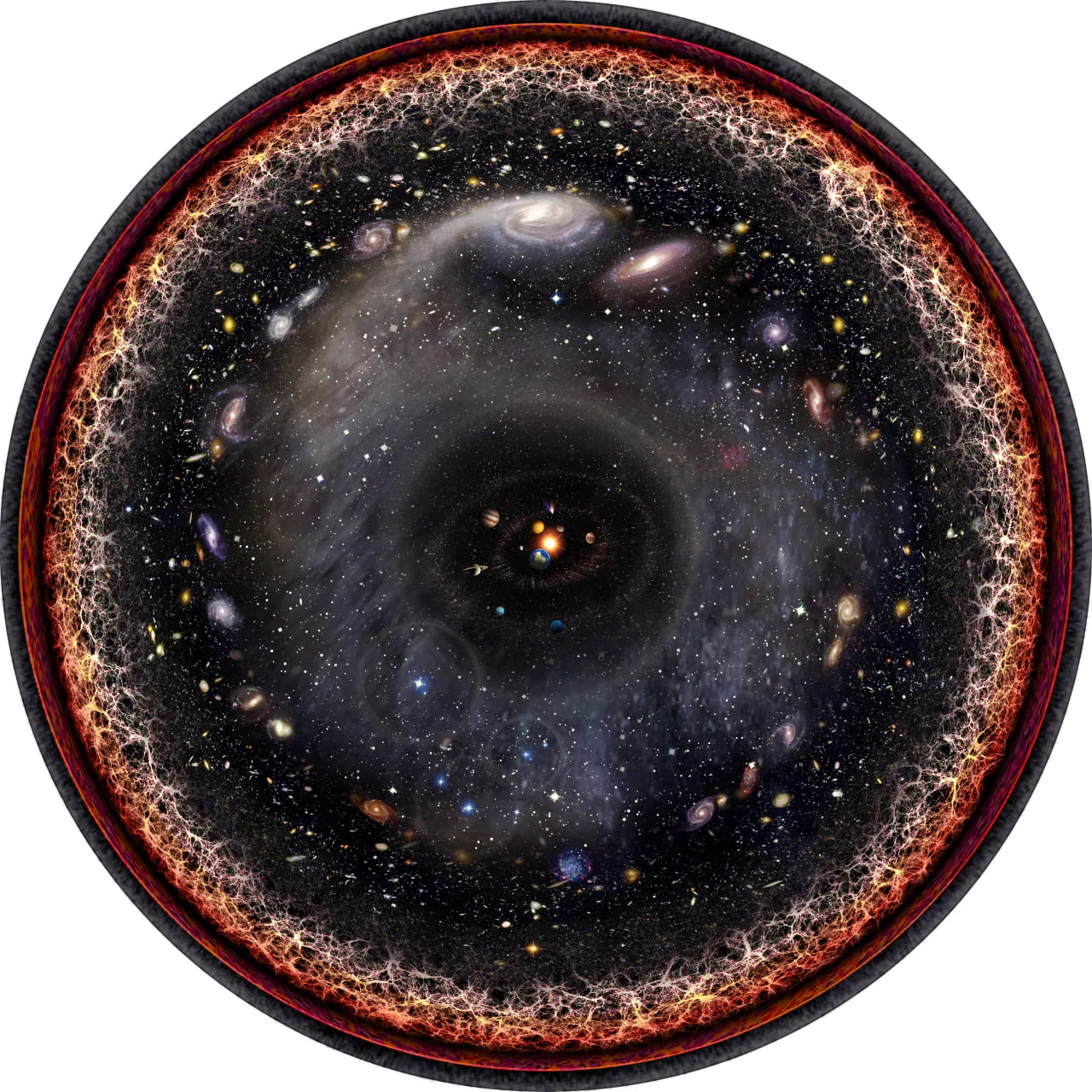 an illustration of the universe. the solar system at its center with black space surrounding it in a circle.