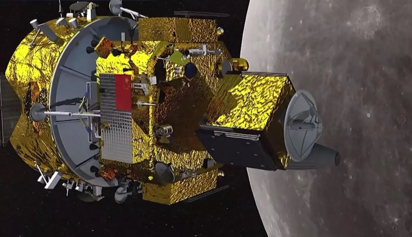 golden covered orbiter, in the background moon is visible.