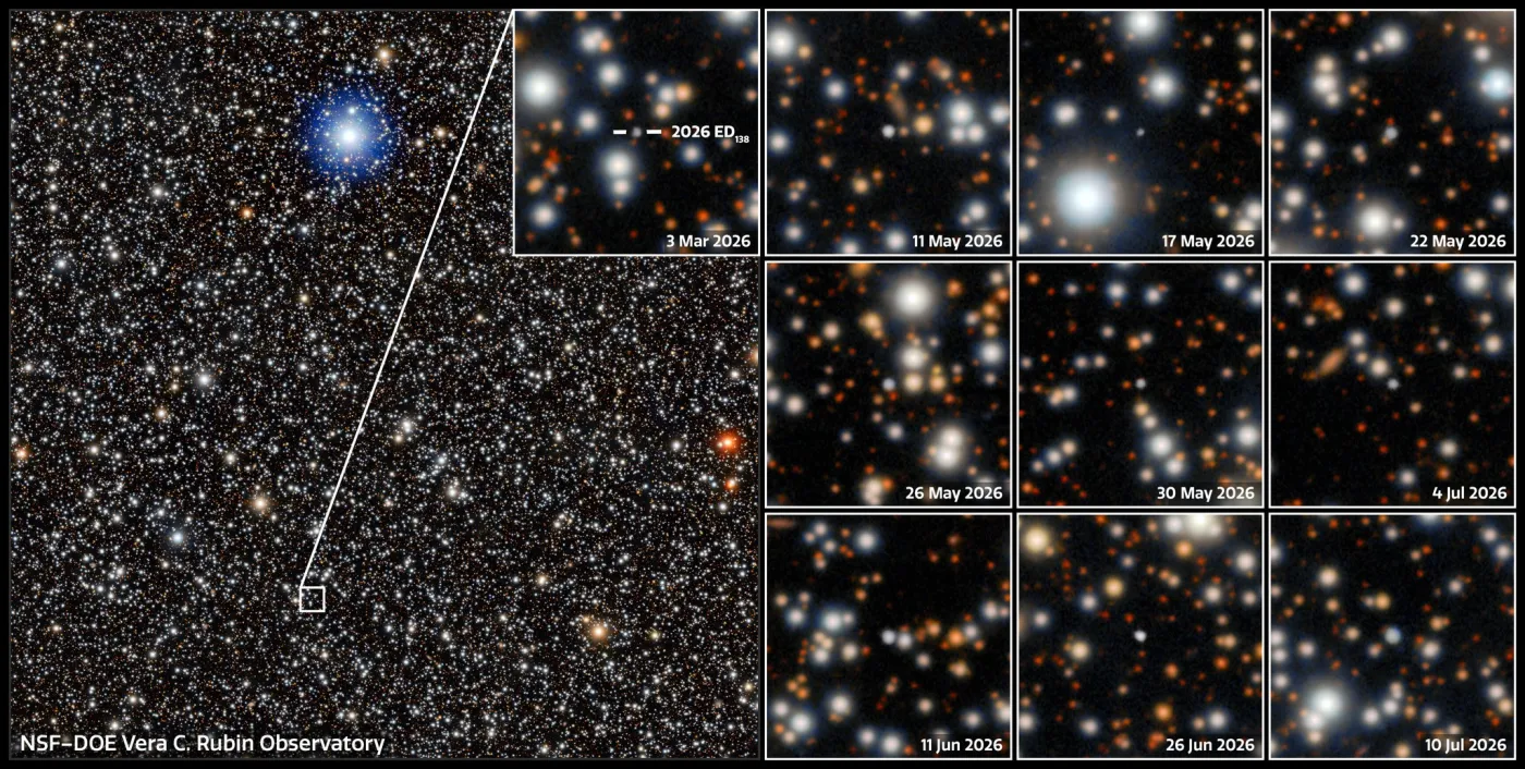 a mosaic picture of stars with rectangular lines to zoom in to the new dwarf planet.